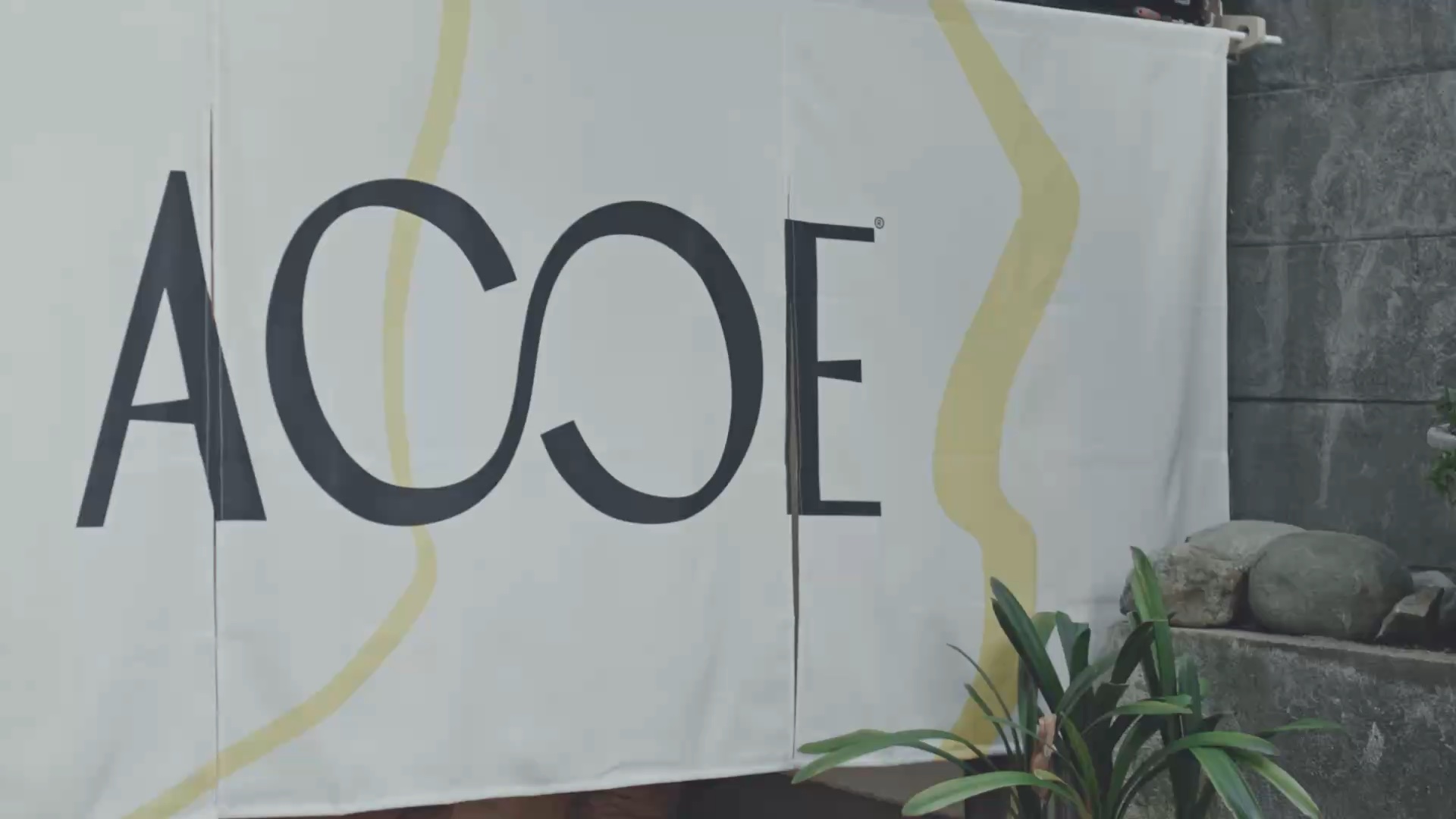 A white noren curtain bearing the ACOE logo and a yellow line, beside a stone wall and a plant.